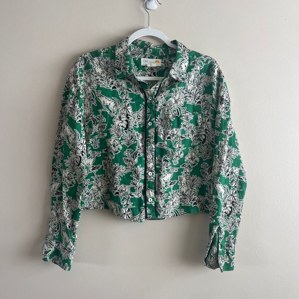 C&C California 100% Linen Cropped Shirt Green Jungle Leopard Print Boho Medium
